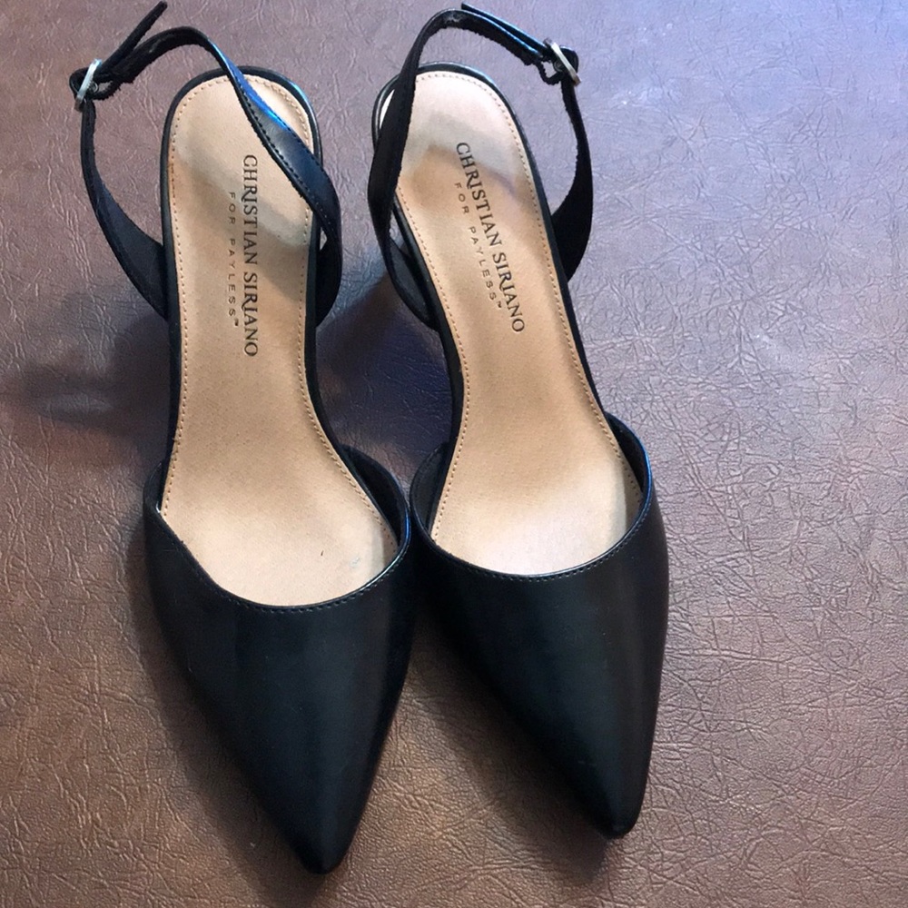 Black leather sling back pumps